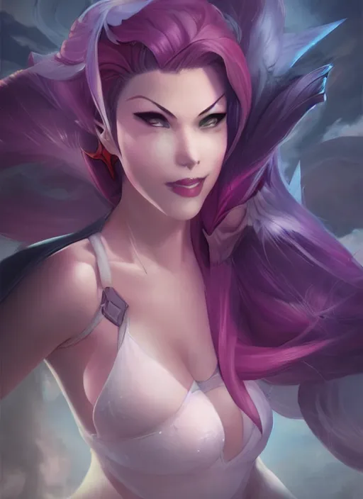 Prompt: league of legends jinx, standing on roof of building, art by artgerm, charlie bowater, ross tran.