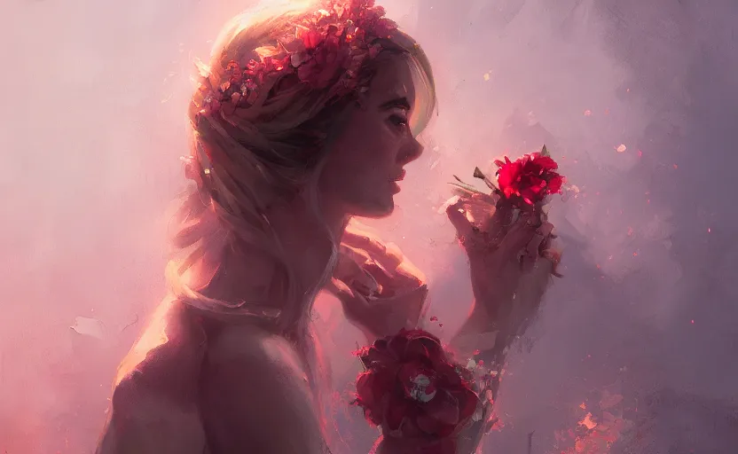 Image similar to a painting of jasmine trending on artstation in the style of greg rutkowski, beautiful, sensual, flower, portrait, adorable, alter, hell, demon