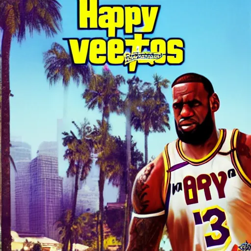 Prompt: happy lebron james, gta v cover art, art by stephen bliss, matte painting