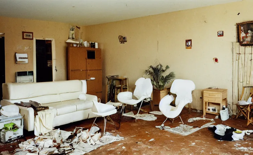 Image similar to living room interior of a white trash family, dirty walls, brown tiled floor, white plastic garden chairs, ashtray, dirty beige deep pile rug, 1990s oak wood furniture