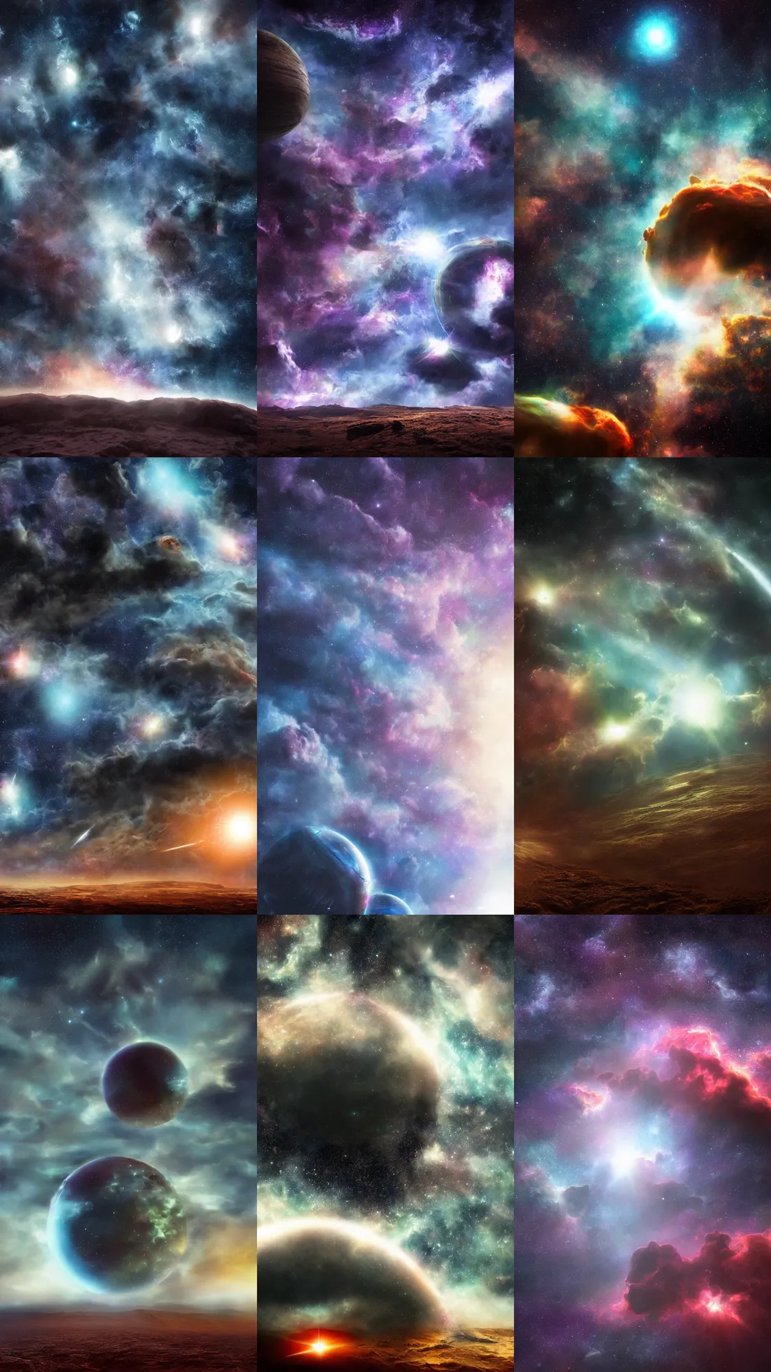 Prompt: alien planet, interstellar nebulae sky, hyperrealism, ambient lighting, atmospheric