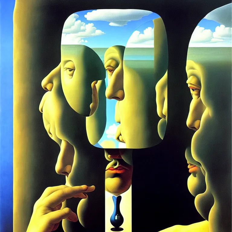 Image similar to a man looks into his own reflection and sees nothing, by rene magritte and salvador dali, surreal, oil on canvas, hyper detailed, vivid