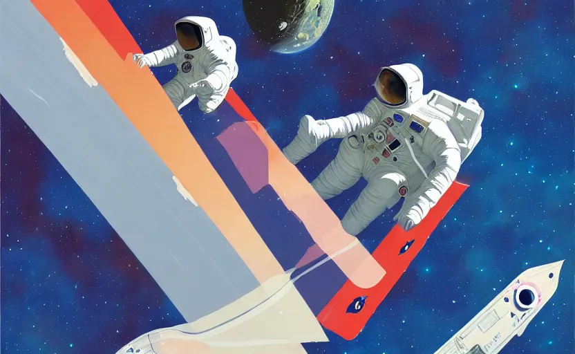Prompt: an astronaut skate boarding in space, very coherent, painted by Edward Hopper, Wayne Barlowe, painted by James Gilleard, airbrush, art by JamesJean