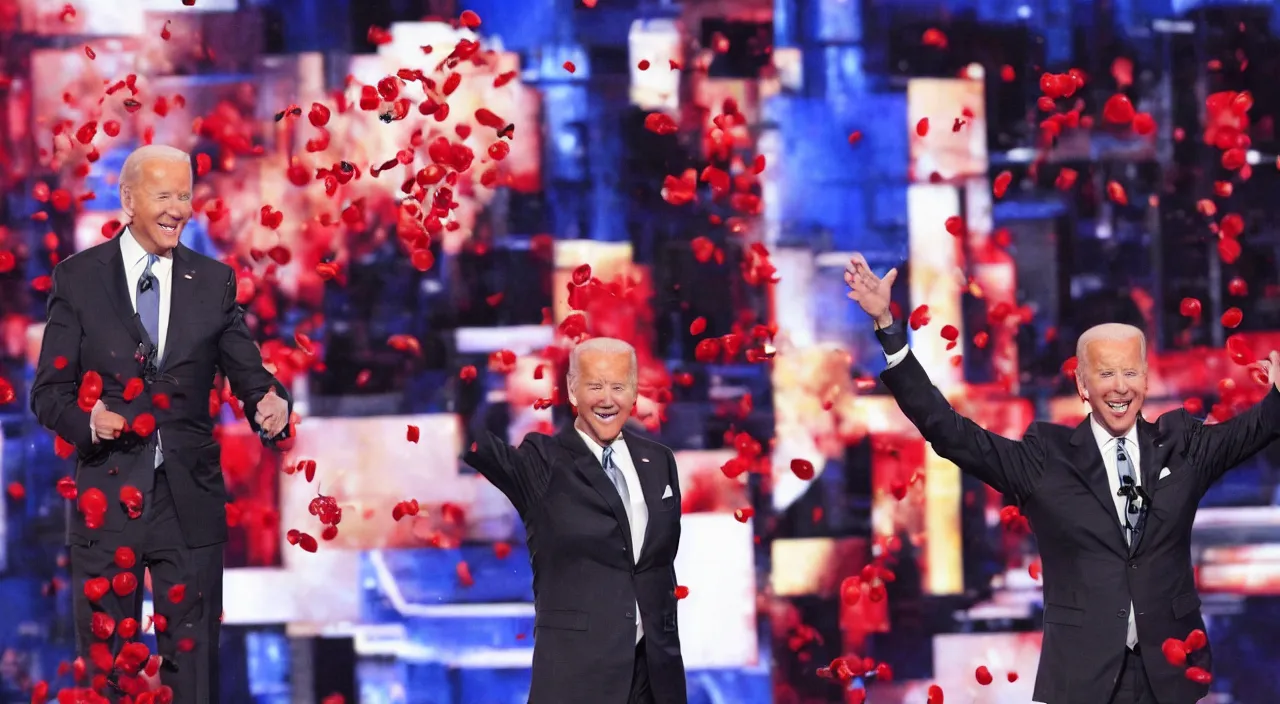 Prompt: joe biden singing on americas got talent with tomatos being thrown at him