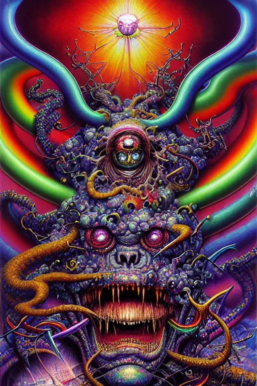 Prompt: realistic detailed image of angry wrathful powerful amazing magical rainbow shading reflections technological nightmare abomination monster god by lisa frank, ayami kojima, amano, karol bak, greg hildebrandt, and mark brooks, neo - gothic, gothic, rich deep colors. beksinski painting, part by adrian ghenie and gerhard richter. art by takato yamamoto. masterpiece