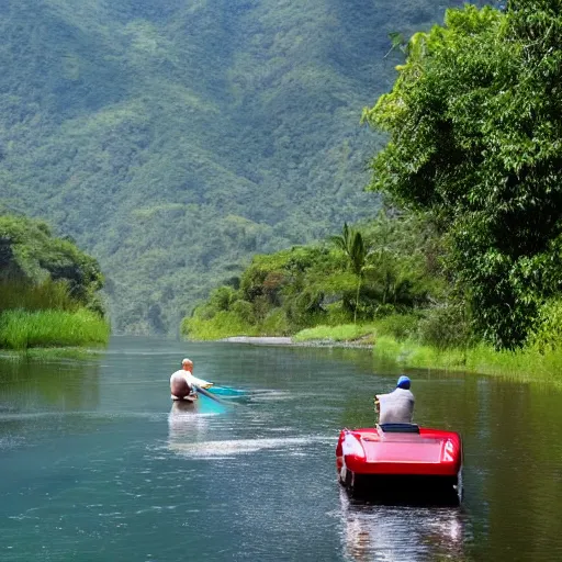 Image similar to the river of life in paradise with a ferrari in the middle and old man fishing fishing