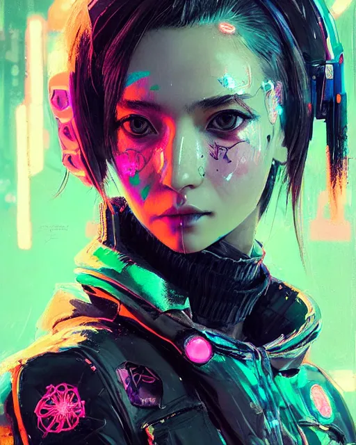 Image similar to detailed portrait beautiful Neon Operator Girl, cyberpunk futuristic neon, reflective puffy coat, decorated with traditional Japanese ornaments by Ismail inceoglu dragan bibin hans thoma greg rutkowski Alexandros Pyromallis Nekro Rene Maritte Illustrated, Perfect face, fine details, realistic shaded, fine-face, pretty face