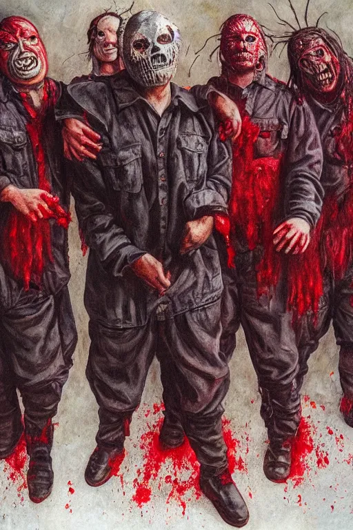 Image similar to a full body high detail fantasy portrait oil painting illustration of slipknot band in a lake of blood by justin sweet with face and body clearly visible, insane, realistic proportions, d & d, rpg, forgotten realms, artstation trending, high quality, sombre mood, artstation trending, muted colours, entire person visible!