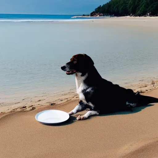 Image similar to Dog with white hat on the beach having a picknick