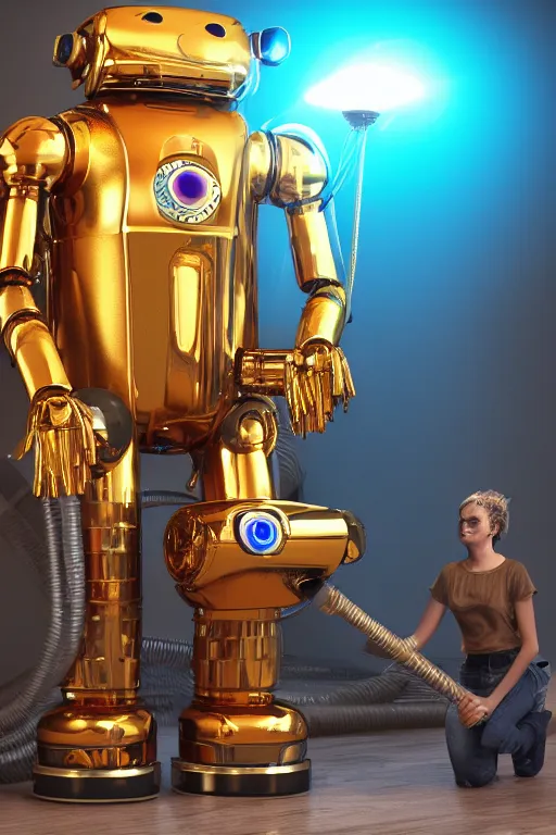 Image similar to portrait photo of a giant huge golden and blue metal humanoid steampunk robot vaccuum cleaner, with gears and tubes, in the hand are mop and bucket, eyes are glowing red lightbulbs, shiny crisp finish, 3 d render, 8 k, insaneley detailed, fluorescent colors, background is multicolored lasershow