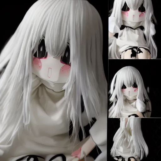 Image similar to cute fumo plush of a shy nightmare girl npc who hides behind corners, black and white
