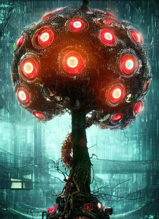 Image similar to tree with intricate mechanical apples, on the background of a weird magical mechanical forest. Very detailed 8k. Fantasy cyberpunk horror. Sharp. Cinematic post-processing