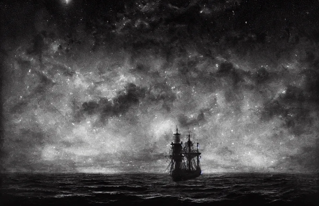 Prompt: stars lingering above ship ever further out to sea intact flawless ambrotype from 4 k criterion collection remastered cinematography gory horror film, ominous lighting, evil theme wow photo realistic postprocessing implicit link is made between form has depth as well as width and height. three - dimensional form is the basis painted without underdrawings by jan urschel by jan urschel