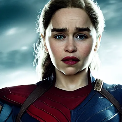 Prompt: a portrait of Emilia Clarke as Captain America, rim lit, soft