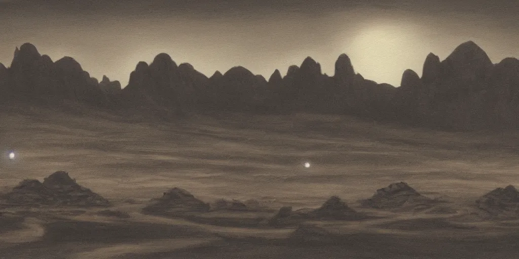 Image similar to a realistic rooftop sepia - toned painting of wadi rum at night, dark, brooding, atmospheric, lovecraft