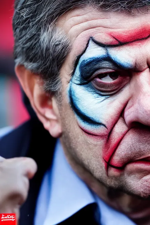 Image similar to Jean-Luc Mélenchon wearing Joker makeup in Joker (2019), 4k