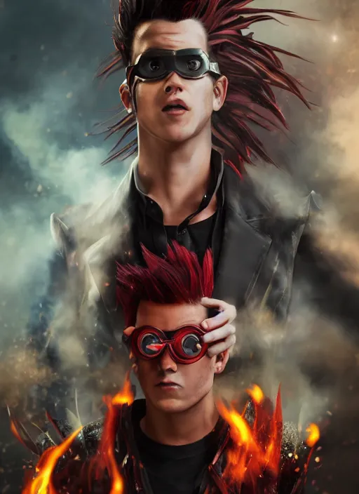 Image similar to An epic fantasy comic book style portrait painting of young man with long red spiked hair. Wearing a black waistcoat, white shirt, using googles. Blasting fire on his hands. Unreal 5, DAZ, hyperrealistic, octane render, cosplay, RPG portrait, dynamic lighting