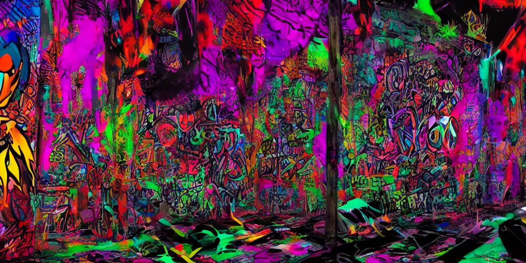 Image similar to a single gritty psychedelic graffiti art piece sprayed on a black background and surrounded by darkness, concept art, 4 k, unreal render, octane, trending on artstation, graphic design, dark color scheme