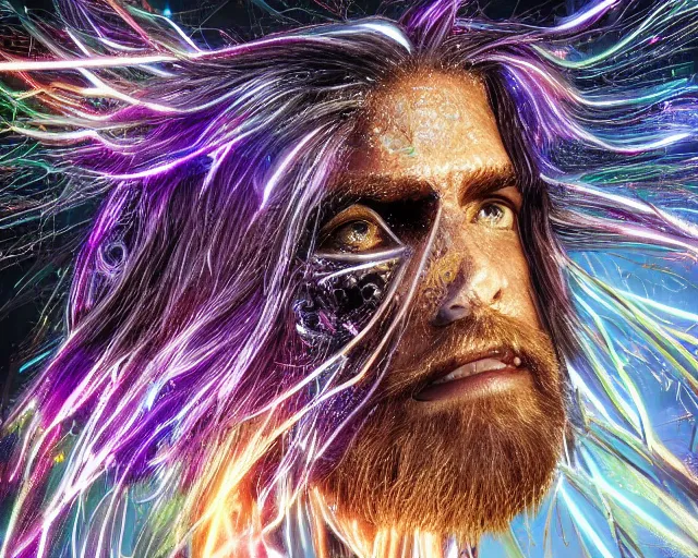 Image similar to glowing hair, complex cybernetic beings, beautiful hairy humanoids, cybermagnetosphere, cybernetic civilizations, ornate hair, love, joy, vortexes, large arrays, data holograms, 8 k, cinematic light shadows, wet hdr refractions, *, * * *, * * * * *