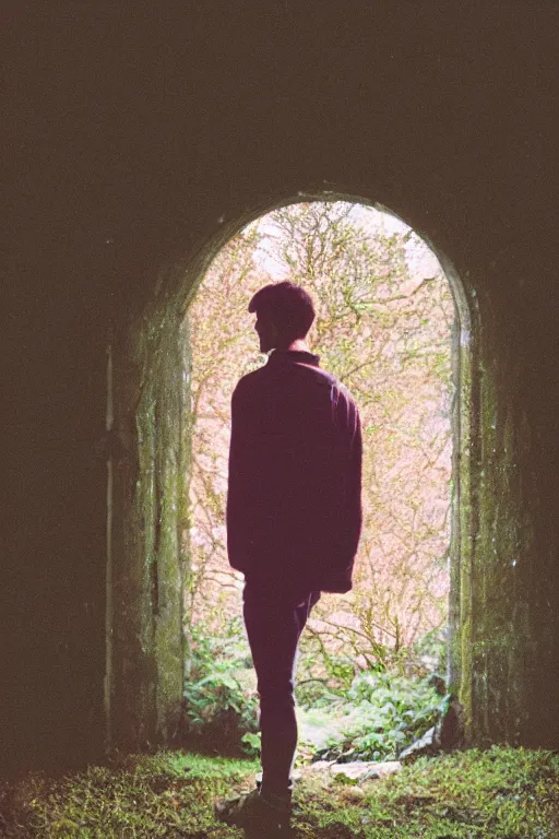 Image similar to kodak portra 4 0 0 photograph of a skinny guy looking into a otherworldly portal, flower crown, back view, vaporwave colors, grain, moody lighting, moody aesthetic,