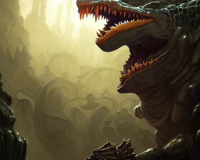 Image similar to forsaken crocodile god, cinematographic shot, deep focus, d & d, fantasy, intricate, elegant, highly detailed, digital painting, artstation, concept art, matte, sharp focus, illustration, hearthstone, magic the gathering, art by wesley burt and artgerm and alphonse mucha