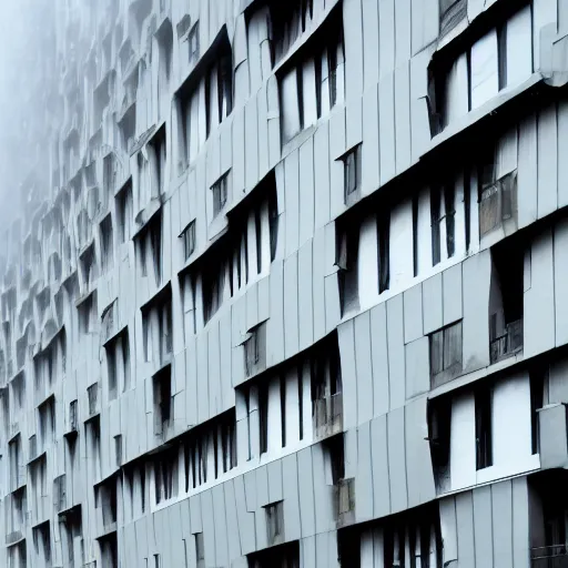 Prompt: Endless habitat 67, windows glowing in the fog by architect moshe safdie