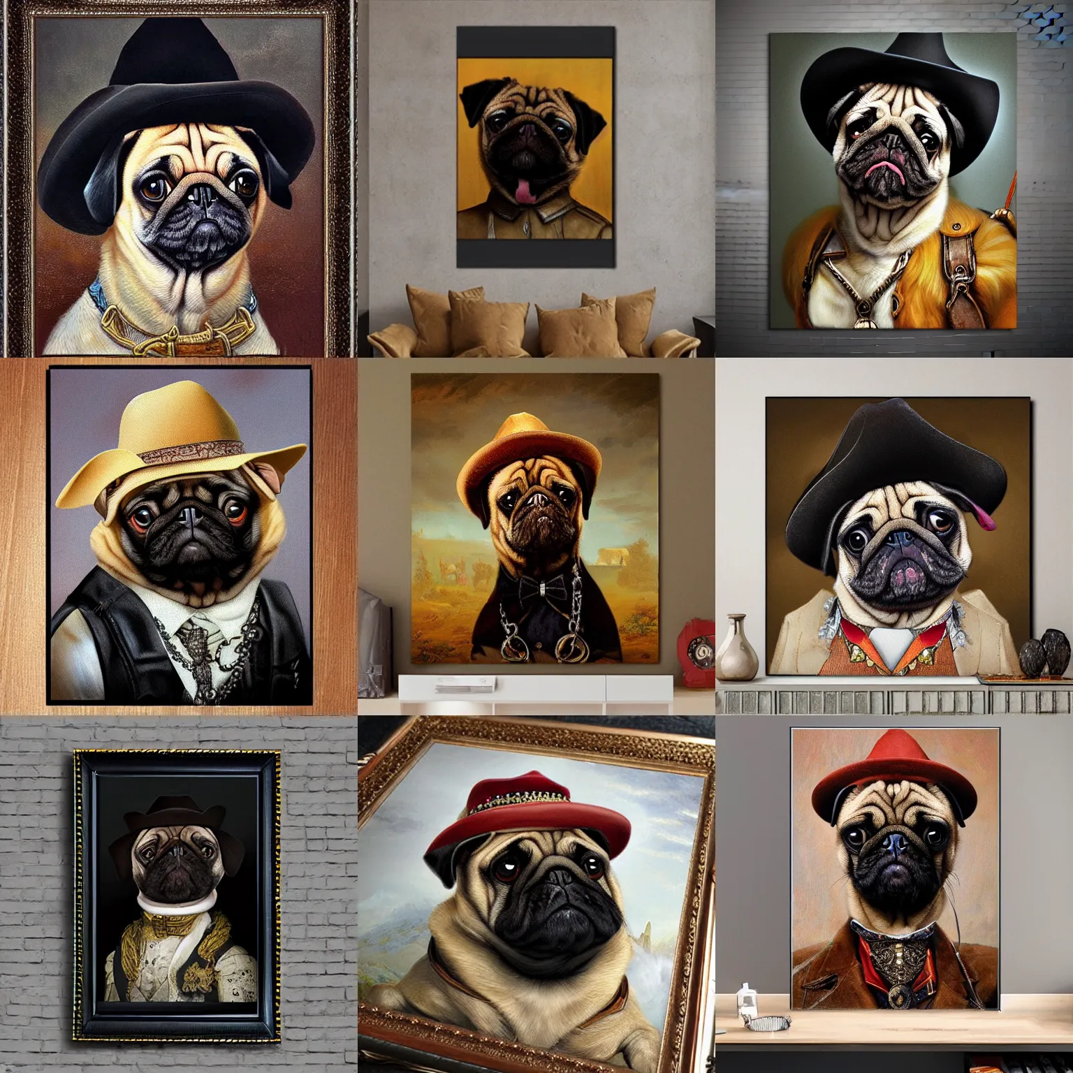 Prompt: dog pug as cowboy portrait, high resolution quality extremely detailed 8k intricate sticker precise sharp color heavy texture victorian oil painting
