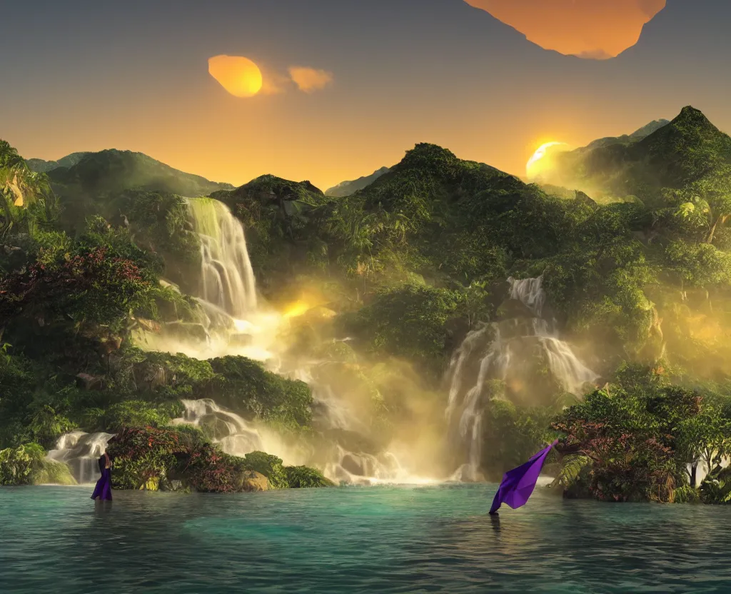 Image similar to a low-poly render of a big purple hand holding the orange setting sun on the ocean horizon. a green tinted transparent beckoning lady in front of a waterfall. a cream colored abandoned building featuring two statues and pitch black periphery. a prehistoric jungle scene with a mountain in the background.