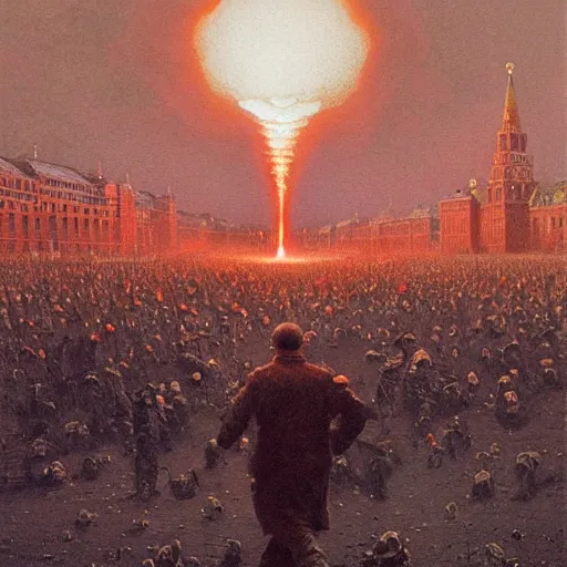 Image similar to the last selfie taken in russia red square, nuclear explosion, russian flag burning, hydrogen bomb explosion, by donato giancola and greg rutkowski and wayne barlow and zdzisław beksinski,