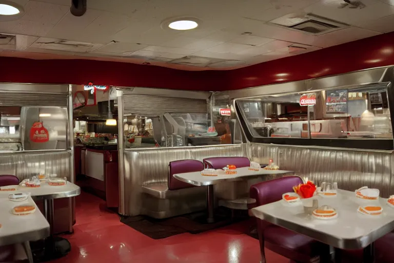 Image similar to 2001 y2k diner, extending forever into the infinite horizon 85mm f/11 interior photography two point perspective