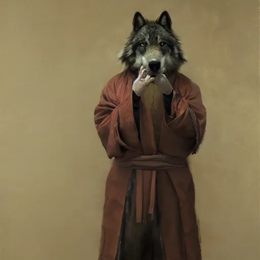 Image similar to attractive canine wolf wearing a monk robes holding invense burner. natural lighting by ruan jia, portrait