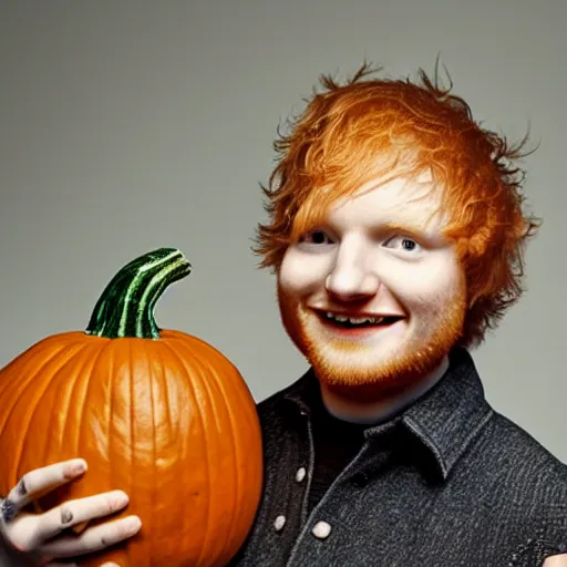 Prompt: photo of ed sheeran stuck inside a pumpkin, yelling for help