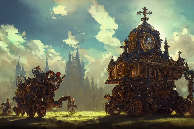 Image similar to a mobile driving ornate baroque church mounted on chain drive, warhammer 4 0, scene in an open field. key visual, conceptart, ambient lighting, highly detailed, digital painting, artstation, concept art, sharp focus, by makoto shinkai and akihiko yoshida and kris kuksi