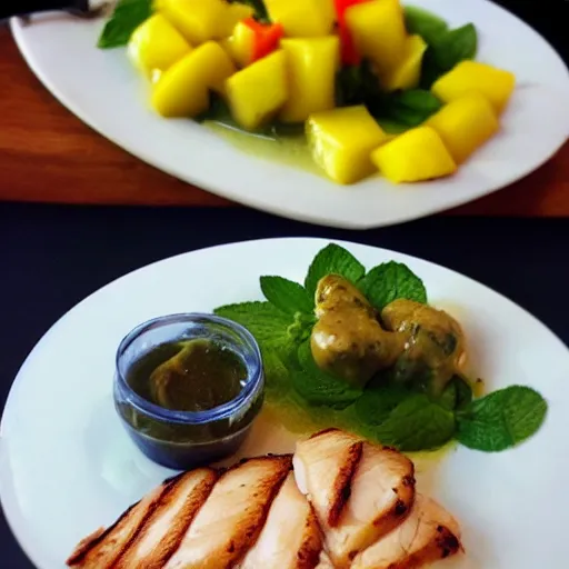 Prompt: a photo of michelin star graded gourmet plate of chicken fillet with mango and mint sauce, high detail, professional photograph, decorations