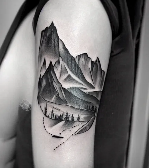 Image similar to tattoo design sketch of an extremely beautiful woman with a background of beautiful mountains on her side, hyper - realistic, double exposure effect, in the style of den yakovlev, amazing detail, black and white, faded