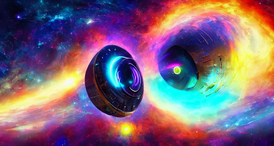 Prompt: a cosmic portal to the gigantic mystic colorful robotic being in the middle of the universe, stylized, 8k, cinematic, hyper-detailed, imax quality