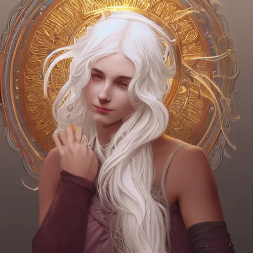 Prompt: god and goddess, white hair, long hair, gorgeous, amazing, elegant, intricate, highly detailed, digital painting, artstation, concept art, sharp focus, illustration, art by artgerm and greg rutkowski and alphonse mucha