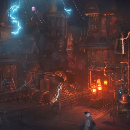 Image similar to a steampunk town, robot, fire, ash, electricity lightning, furry, soft, concept art, sharp focus, intricate details, highly detailed, photorealistic, disney pixar, octane render, iridescent, anime, 8 k