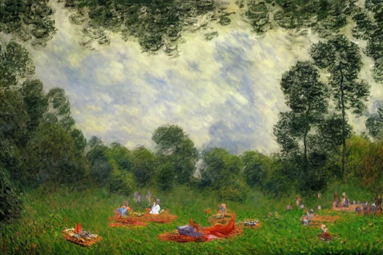 Image similar to a detailed illustration of a god ruining a picnic in the park, nightmare in the park, calamity, dark storms with lightning, ultrawide lens, aerial photography, natural disaster, 8 k, art by claude monet and andreas rocha and albert bierstadt