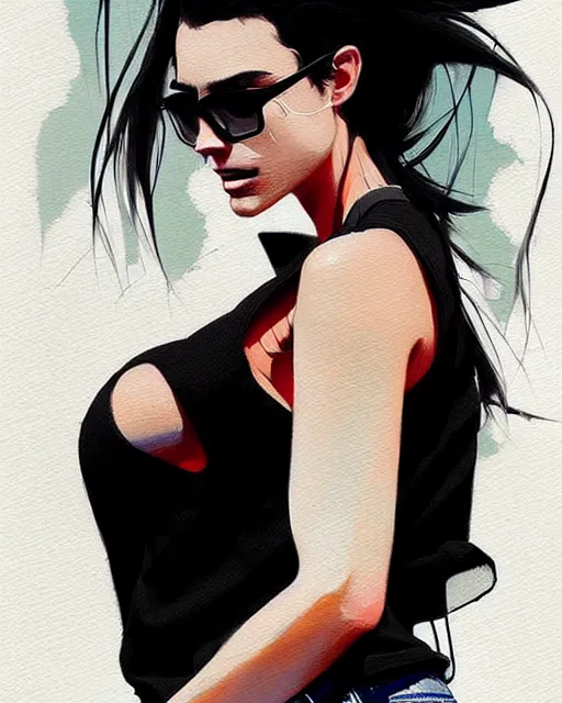 Image similar to a ultradetailed beautiful painting of a stylish woman in black tanktop and jeans, by conrad roset, greg rutkowski and makoto shinkai trending on artstation