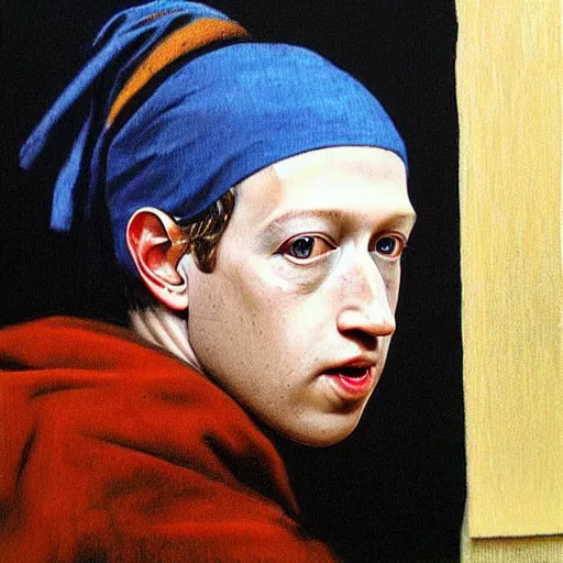 Image similar to mark zuckerberg with a Pearl Earring painted by Beksinski