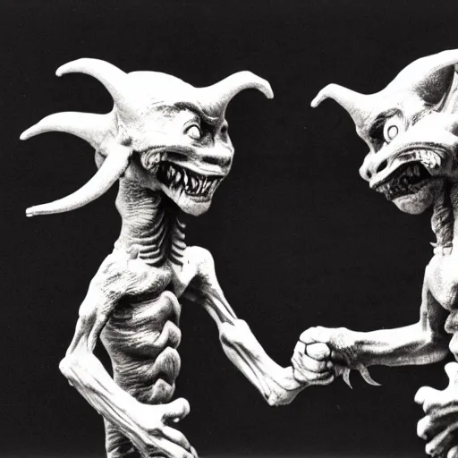 Prompt: two goblin demons shaking hands and looking at the camera, horror, nightmare, terrifying, surreal, nightmare fuel,