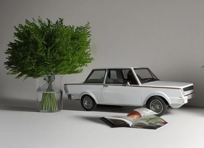 Image similar to a small miniature of a Ford Cortina 1980 on a white table near a book and a vase with a plant, 3d render, octane render, unreal engine 5, path tracing, serene landscape, calm, relaxing, beautiful landscape, highly detailed, high quality, 4k, symmetrical, low contrast