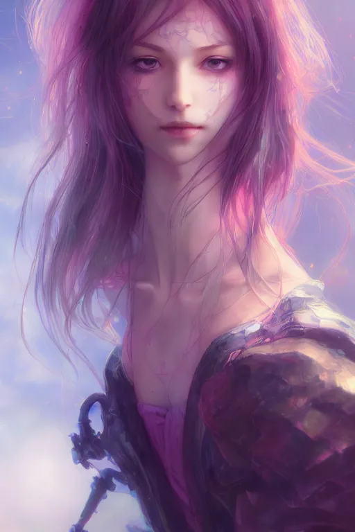 Image similar to portrait of cute girl, beautiful, fantasy, colorful, cinematic lighting, artstation, trending, highly detailed, focus, smooth, by hirohiko araki and yoshitaka amano