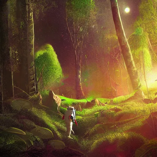 Prompt: an astronaut scans the lush forest, digital art, epic composition, highly detailed, cinematic lighting