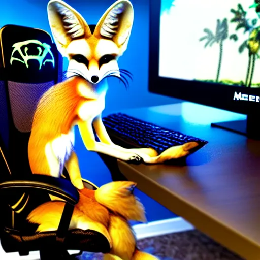 Image similar to an anthropomorphic male fennec fox sitting in a gaming chair drinking monster energy drinks, rbg keyboard, laptop, livestream, photo, 1 6 k