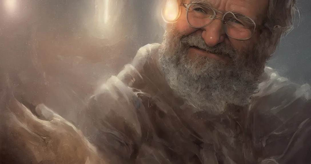 Image similar to robin williams as god, heavem, portrait, intricate, detailed, volumetric lighting, scenery, digital painting, highly detailed, artstation, sharp focus, illustration, concept art, ruan jia, steve mccurry