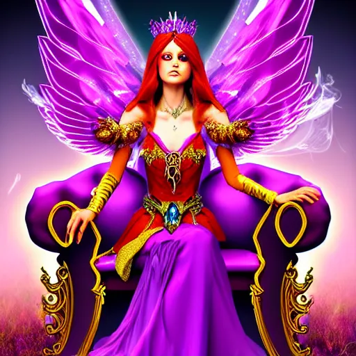 Image similar to Princess sorceress with red flaming bird wings on her back and sitting on an ornate throne dressed in a fancy purple dress, beautiful realistic face, Fantasy, Full Portrait, High detail, realistic, planeswalker