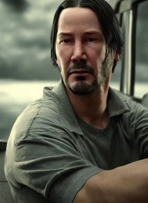 Prompt: Keanu Reeves cast as Eminem, still from 8 Mile, Bus Scene, hyperrealistic, 8k, Octane Render,