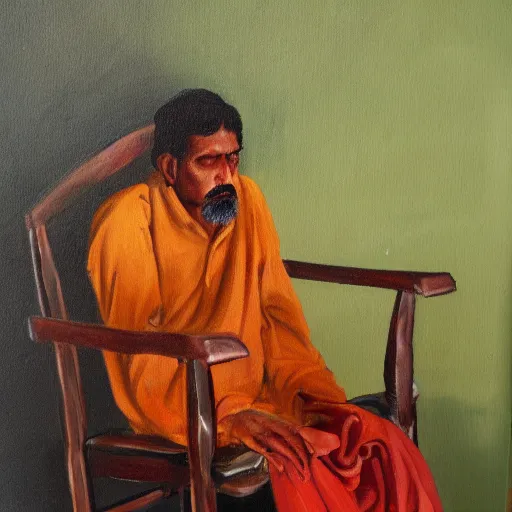 Image similar to Indian man sleeping on a school chair, oil painting